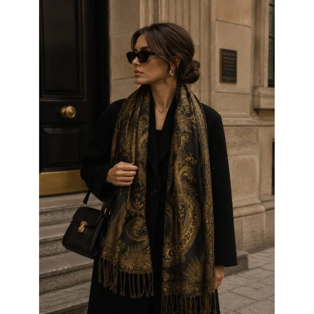 Vintage Paisley Pashmina Style Scarf Shawl Wrap Black Gold Boho Elegant Fringe